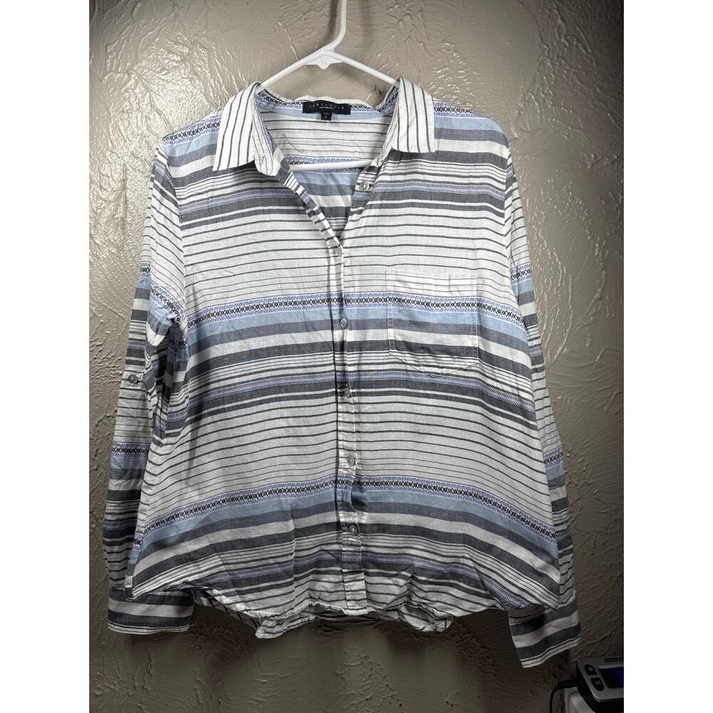 Sanctuary Shirt‎ Womens White Gray Striped Long Roll Tab Sleeves Button Sz Large